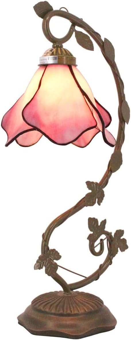 pink tiffany stained glass table lamp floral shade resin base 21 inch