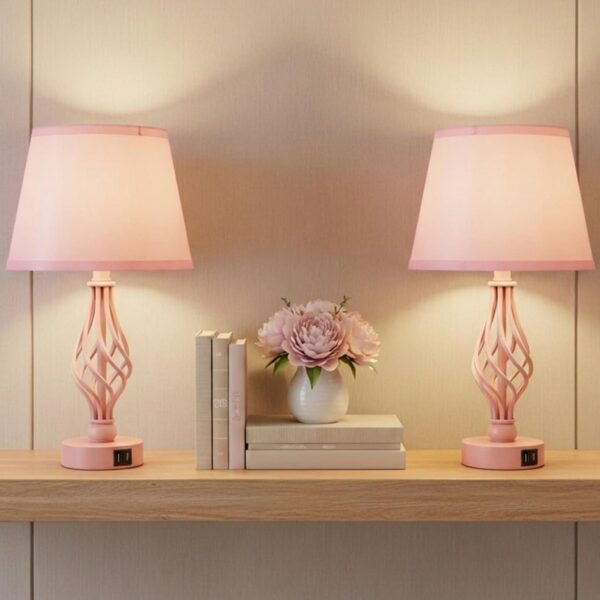 pink touch table lamp set usb type c bedside lamp dimmable edison bulb