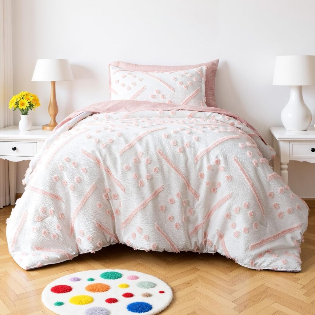 pink tufted jacquard twin bedding set with comforter sheets and pillow sham