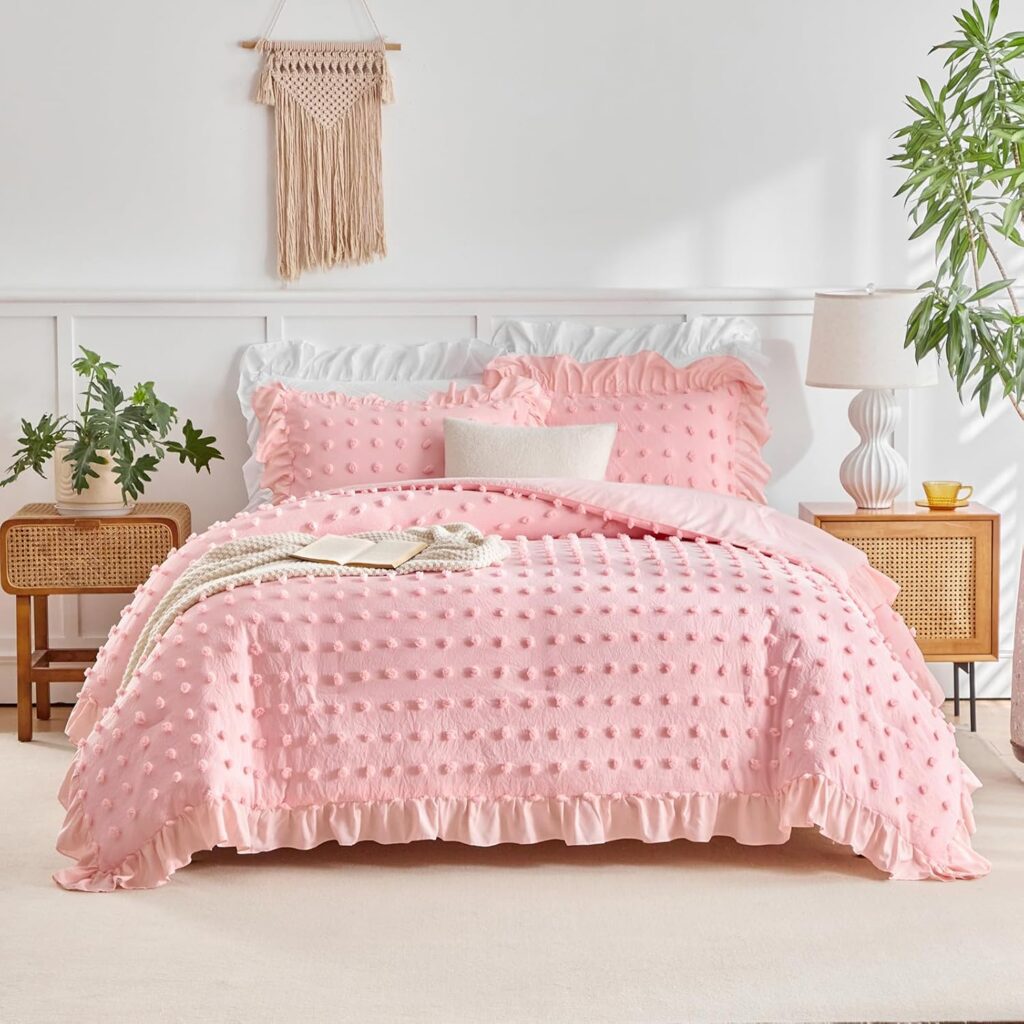 pink tufted ruffle comforter set shabby chic twin bedding set with pillow shams