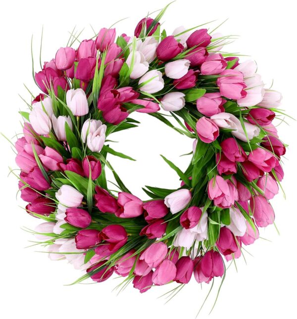 pink tulip wreath 20 inch artificial silk spring door wreath