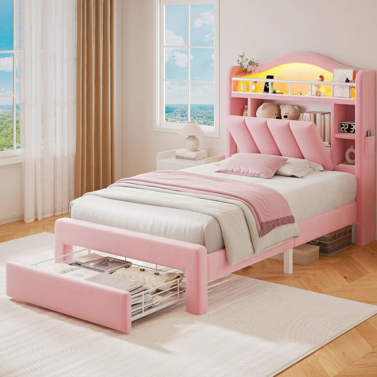 pink velvet twin bed frame with storage headboard drawers led lights and charging ports