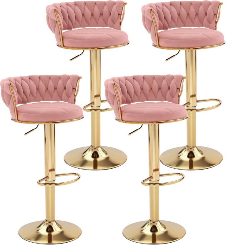pink velvet bar stools set of 4 adjustable swivel gold base woven back