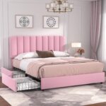 pink velvet queen bed frame with storage drawers upholstered headboard platform bed