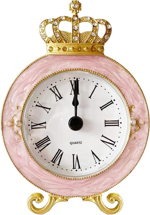 pink vintage mini table clock crown design analog silent metal desk clock