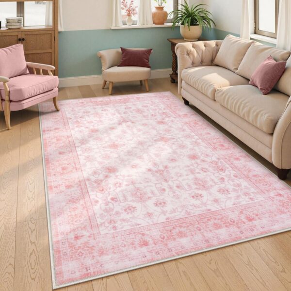 pink vintage floral washable rug 5x7 non slip low pile area rug
