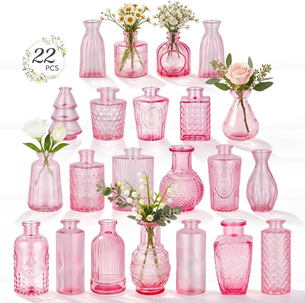 22 pack pink vintage glass mini bud vases for wedding centerpieces and home decor