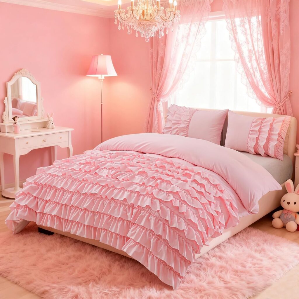 pink waterfall ruffle comforter set full shabby chic layered bedding