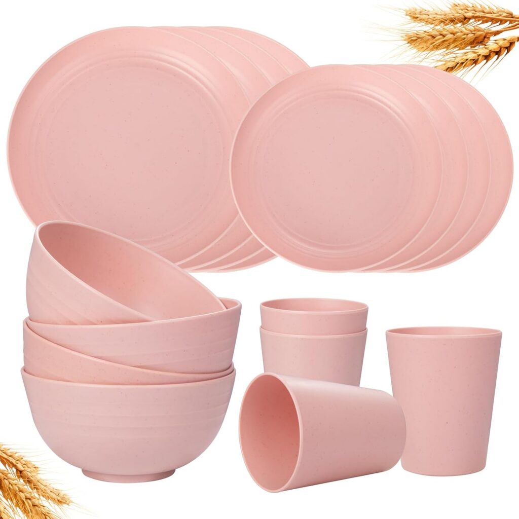 pink wheat straw reusable dinnerware set with plates bowls and cups for 4