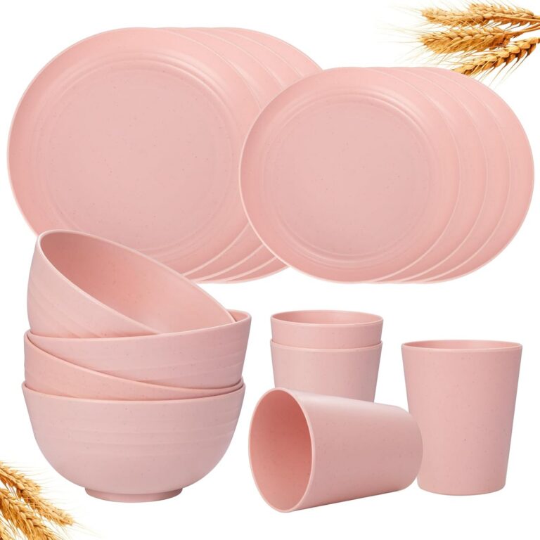 pink wheat straw reusable dinnerware set with plates bowls and cups for 4