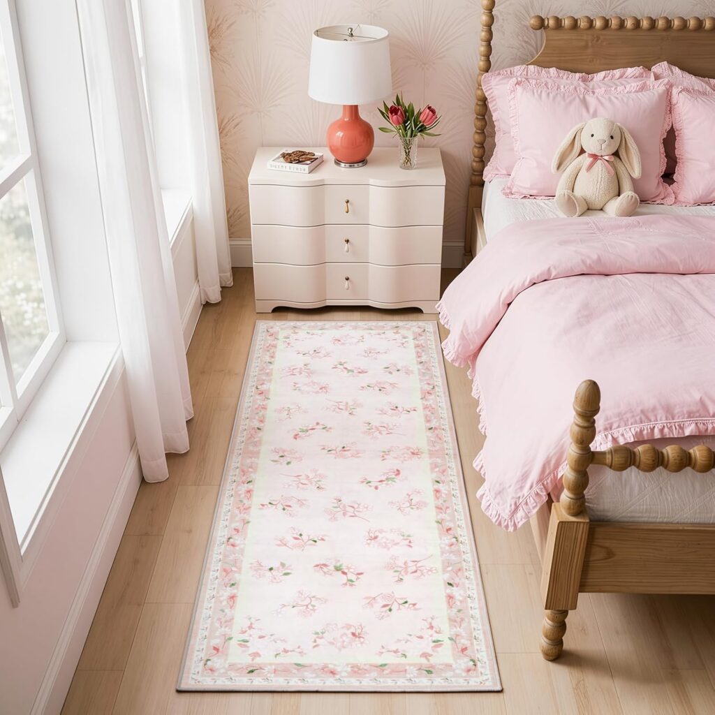 pink and white floral runner rug 2x6 washable non slip boho hallway carpet