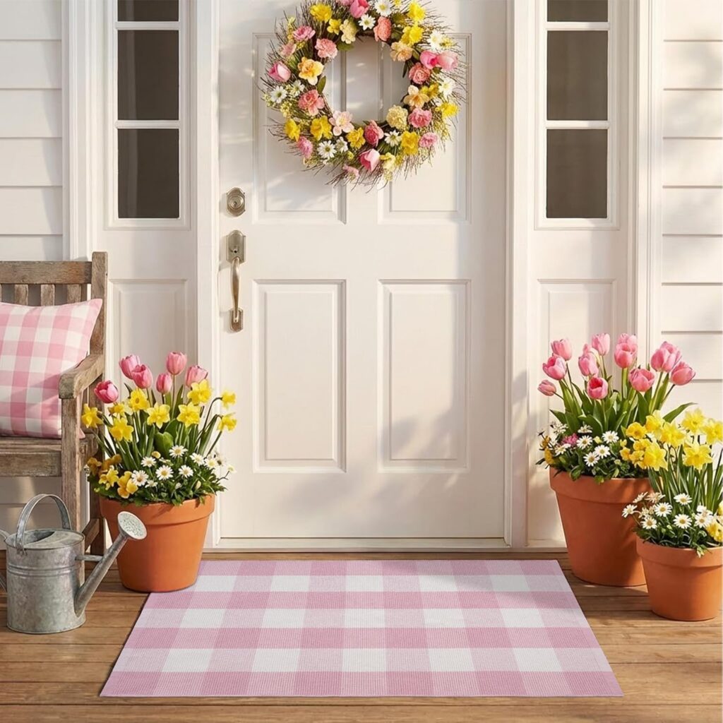 pink white plaid layered doormat rug cotton blend washable entryway rug