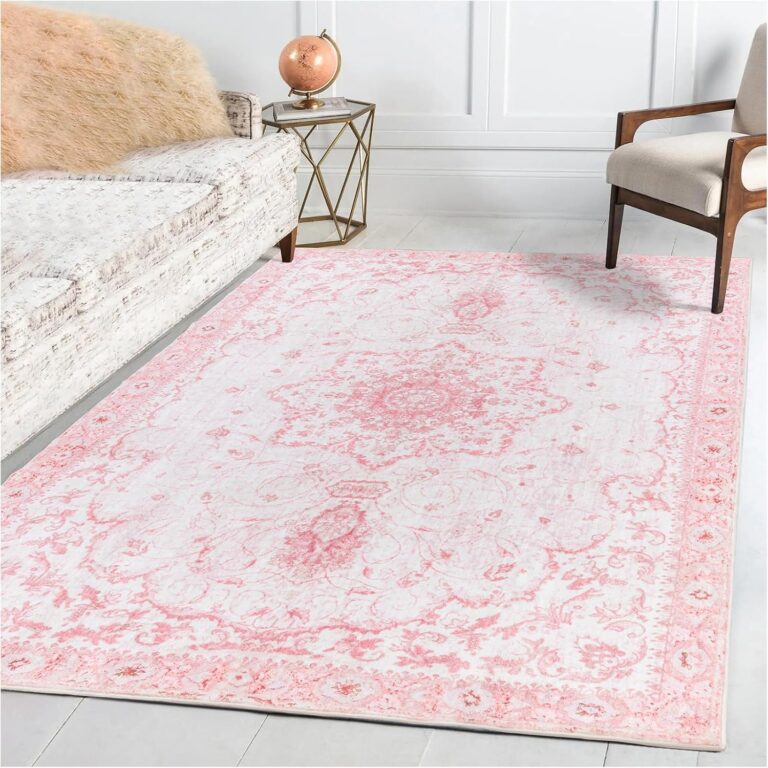 pink and white vintage floral area rug 5x7 washable faux wool non slip honeycomb backing