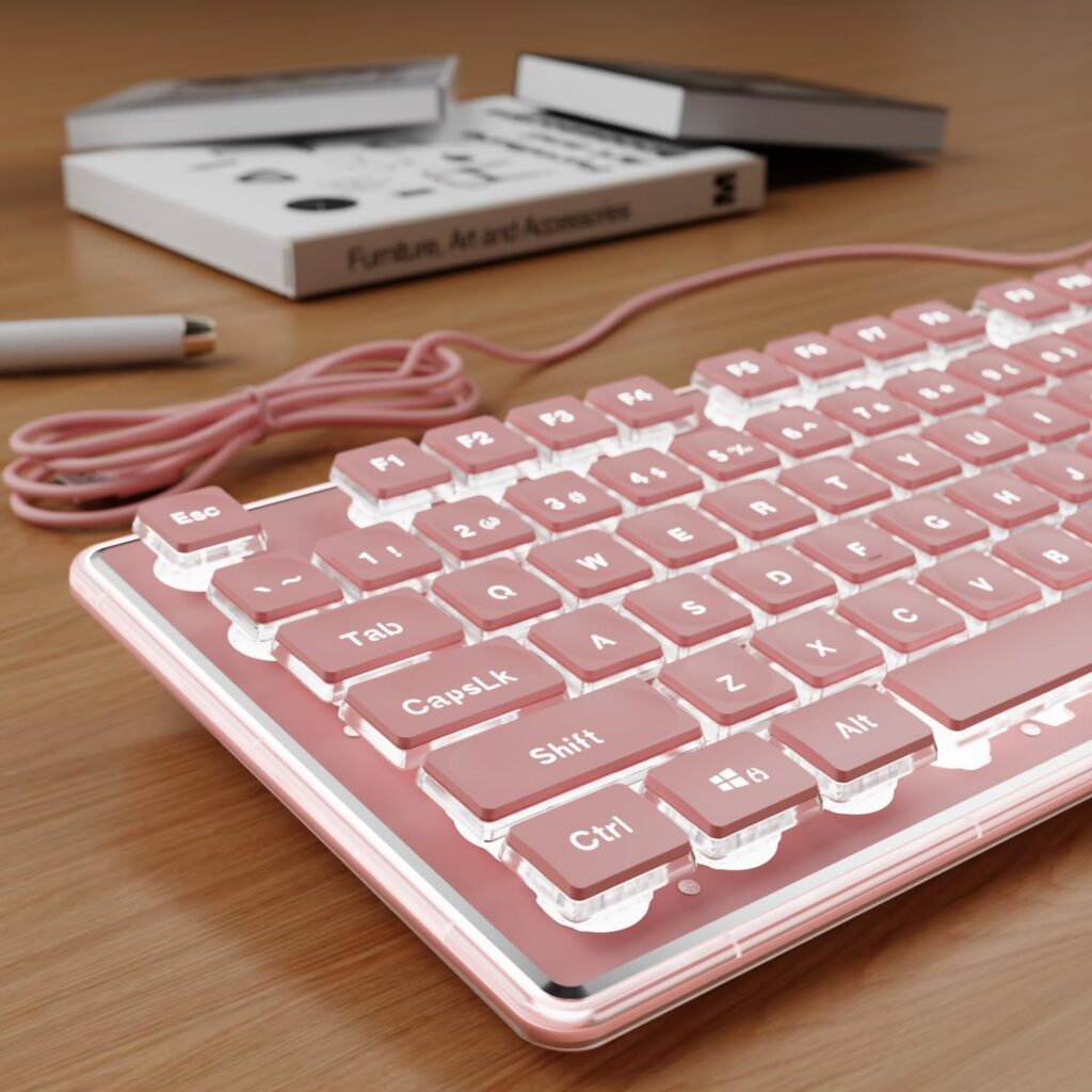 pink wired keyboard white backlight pudding keycaps full size ergonomic quiet keyboard