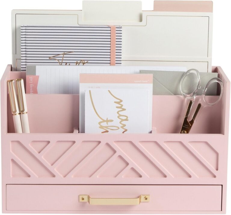 pink wooden desk organizer mail sorter with drawer gold handle office storage