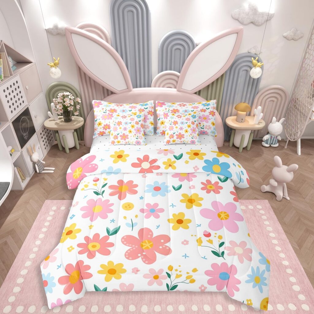 pink yellow floral kawaii comforter set full 7 piece bedding set with sheets and pillow covers