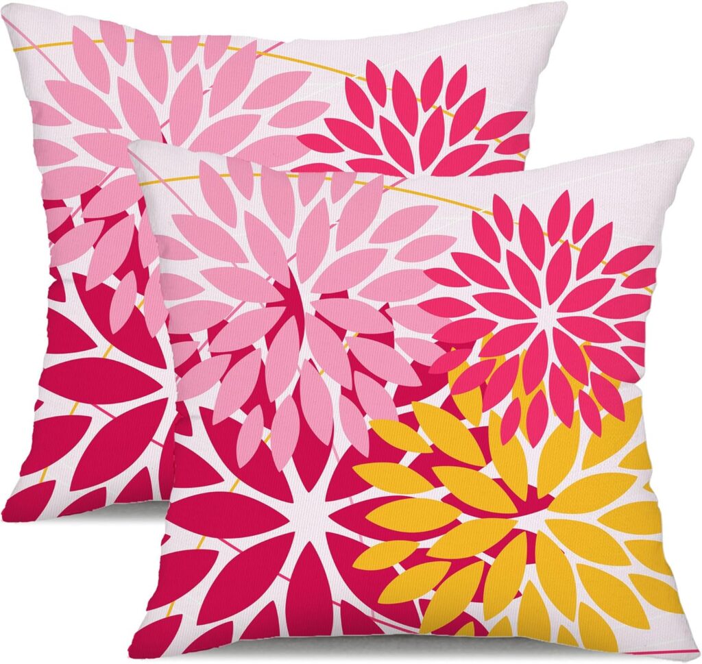 pink yellow floral waterproof outdoor throw pillow covers set for patio garden couch furniture