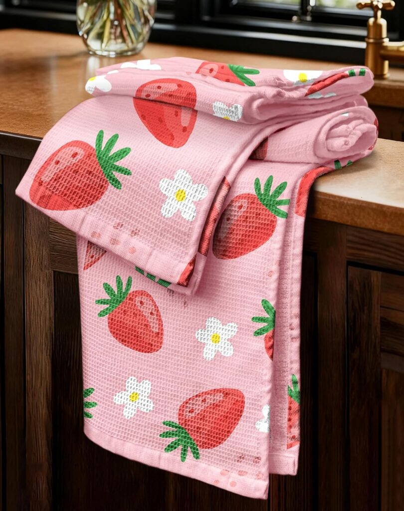 strawberry cotton waffle weave kitchen towels set absorbent decorative dish cloths pink
