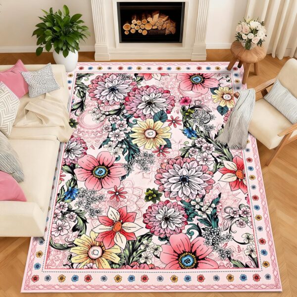 pink boho floral washable area rug soft faux wool non slip bedroom living room rug 5x7