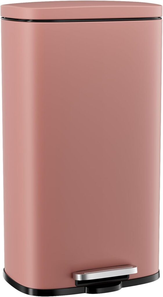Pink stainless steel step trash can with soft-close lid and removable inner bucket for kitchen and home use
