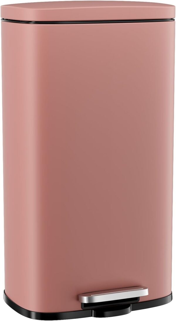 Pink stainless steel step trash can with soft-close lid and removable inner bucket for kitchen and home use