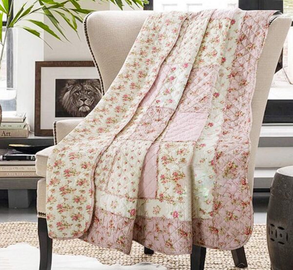 Pink floral patchwork cotton quilt throw blanket with reversible shabby chic design for bed or sofa