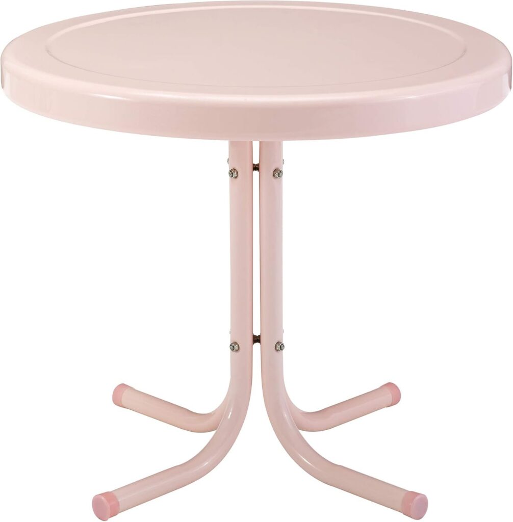 Crosley retro pink metal outdoor side table with round pedestal base for patio or balcony seating areas