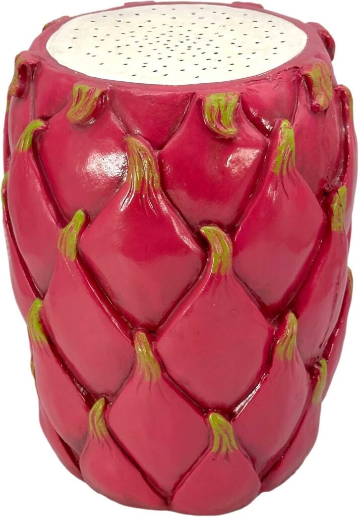 dragonfruit-inspired tropical resin stool side table with pink and green fruit design for indoor or outdoor decor