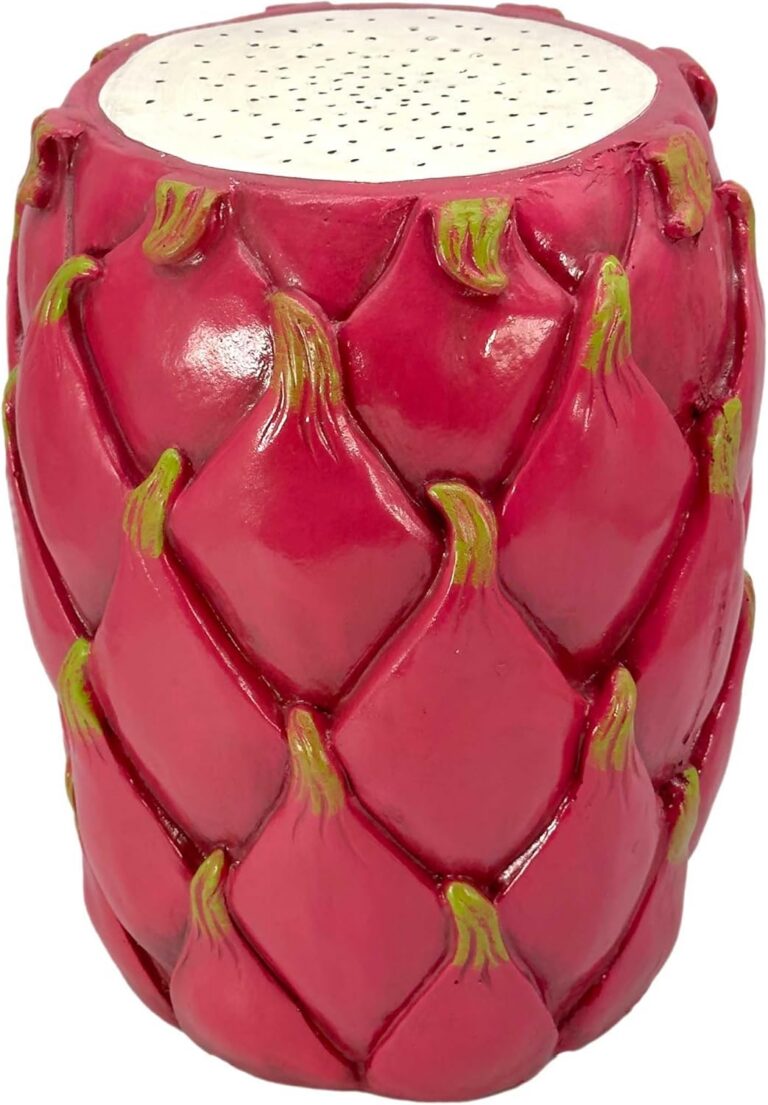 dragonfruit-inspired tropical resin stool side table with pink and green fruit design for indoor or outdoor decor