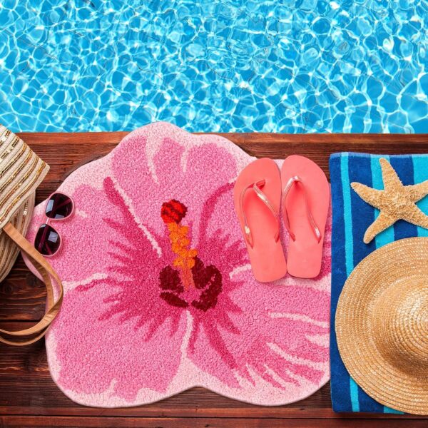 Pink hibiscus flower bathroom rug with soft microfiber texture and non-slip backing