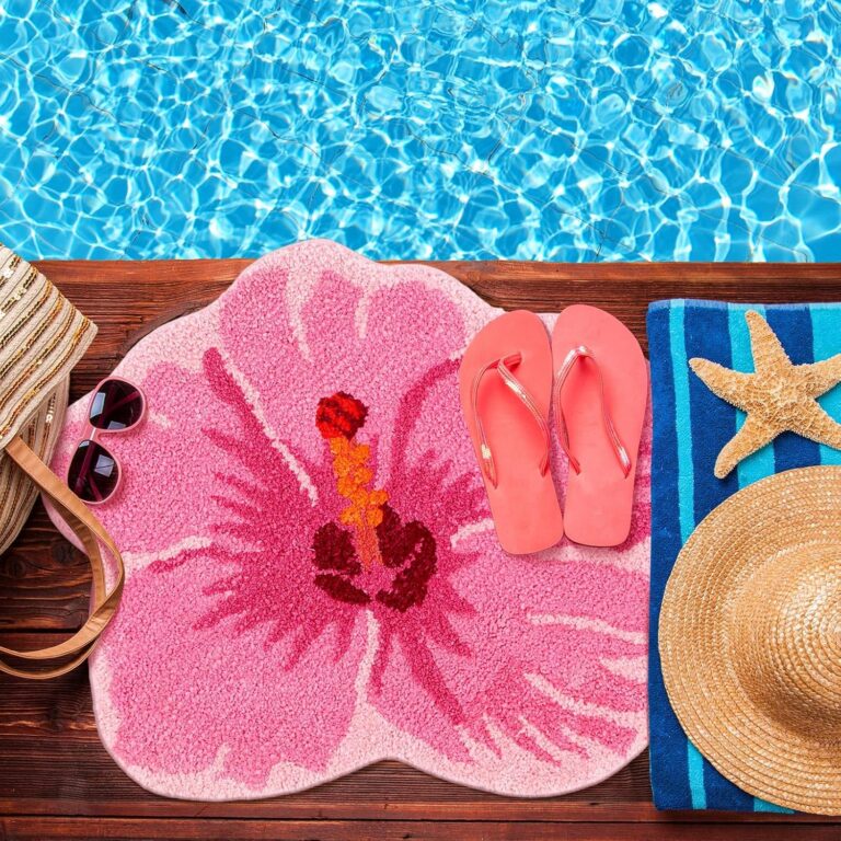 Pink hibiscus flower bathroom rug with soft microfiber texture and non-slip backing