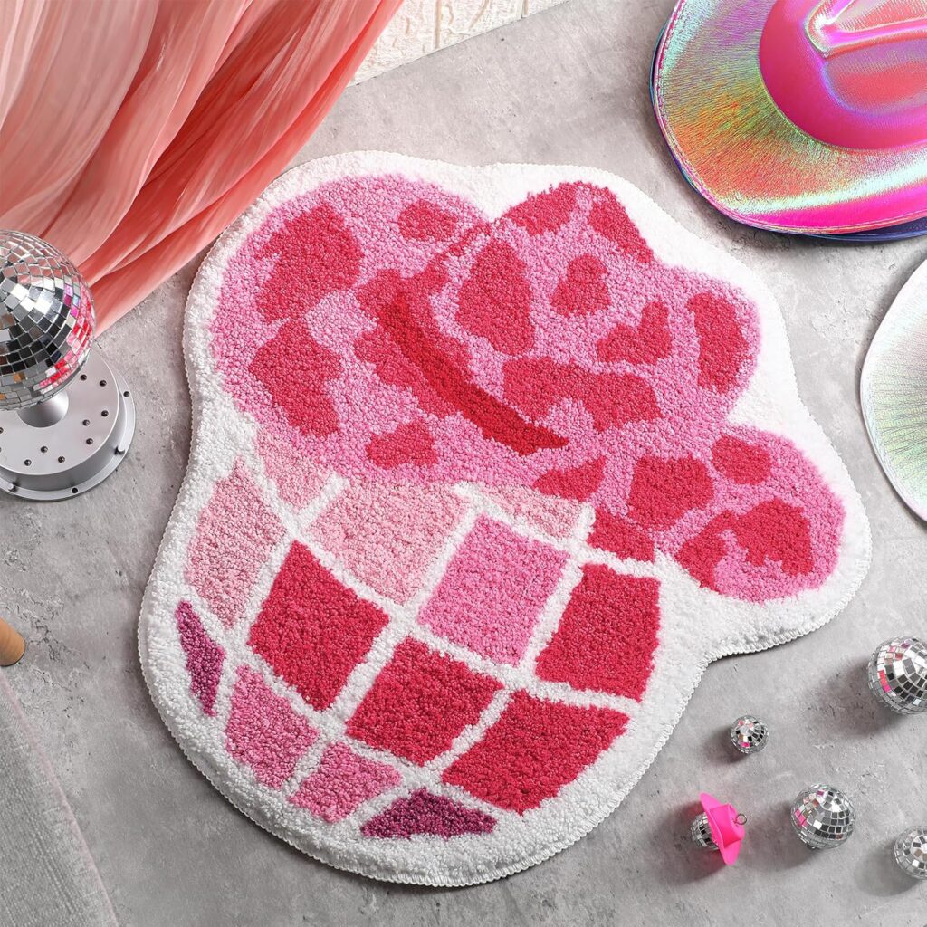 Pink disco cowgirl bathroom rug with western-inspired design and soft non-slip microfiber surface