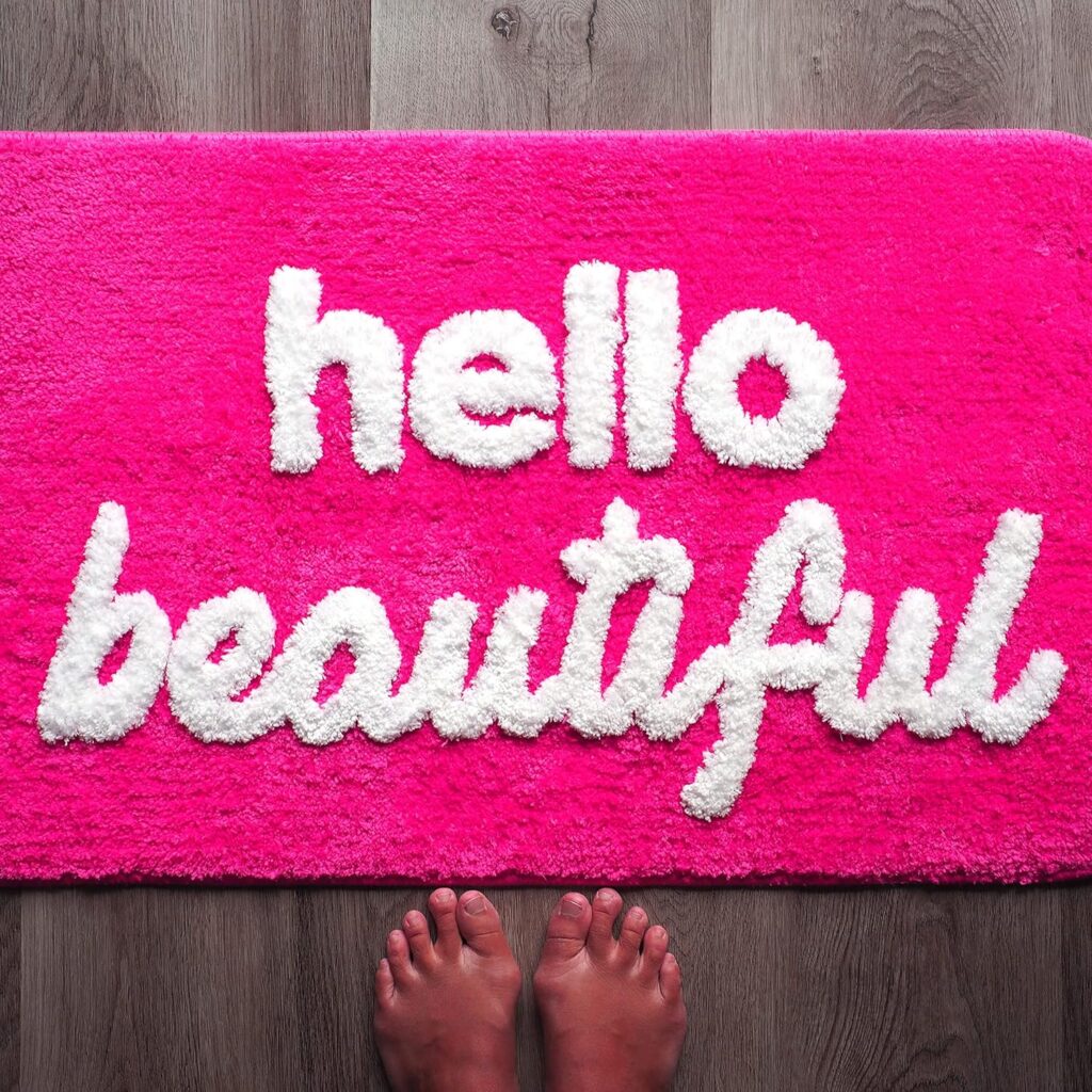 hot pink hello beautiful bathroom rug with fluffy soft texture and cute motivational quote decor