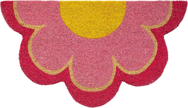 pink flower shaped coir doormat with hand-painted floral design and non-slip pvc base for stylish outdoor entrance decor