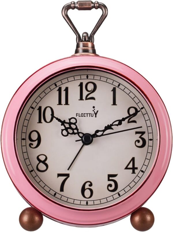 vintage pink retro metal alarm clock with silent movement and twin bell design for bedside desk