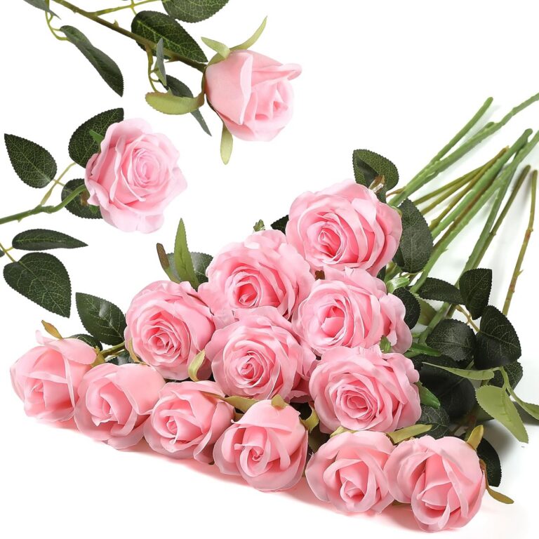 Pink artificial silk rose bouquet with long realistic stems and blooming rose flowers for home and wedding decor