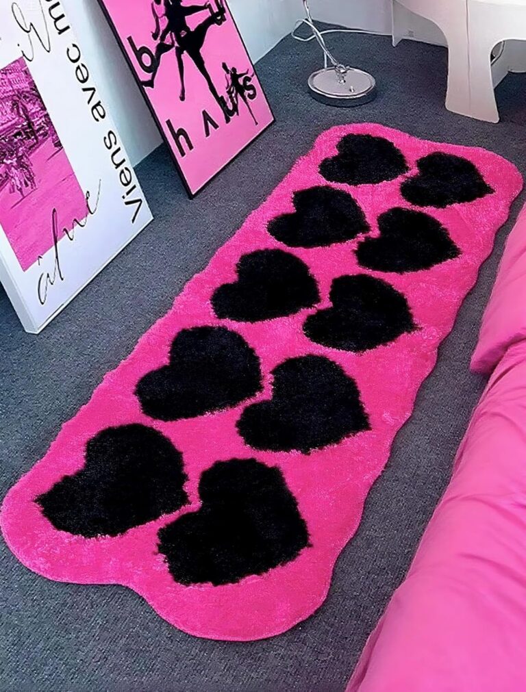 Hot pink and black Y2K heart pattern runner rug for bedroom or bathroom decor