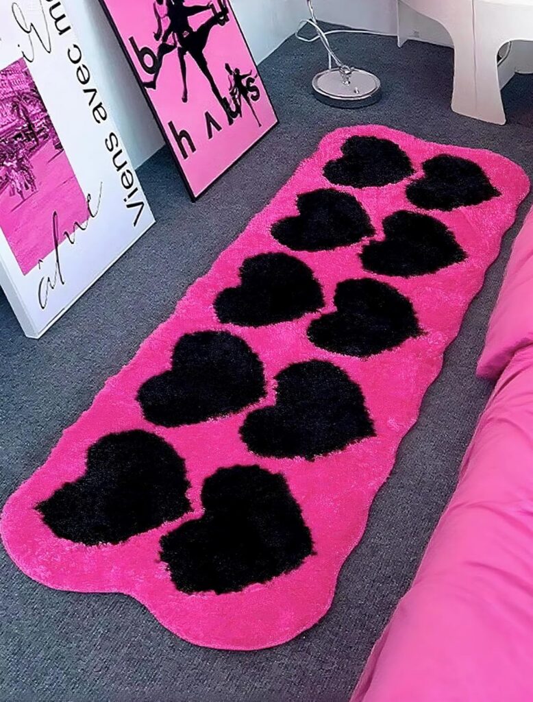 Hot pink and black Y2K heart pattern runner rug for bedroom or bathroom decor