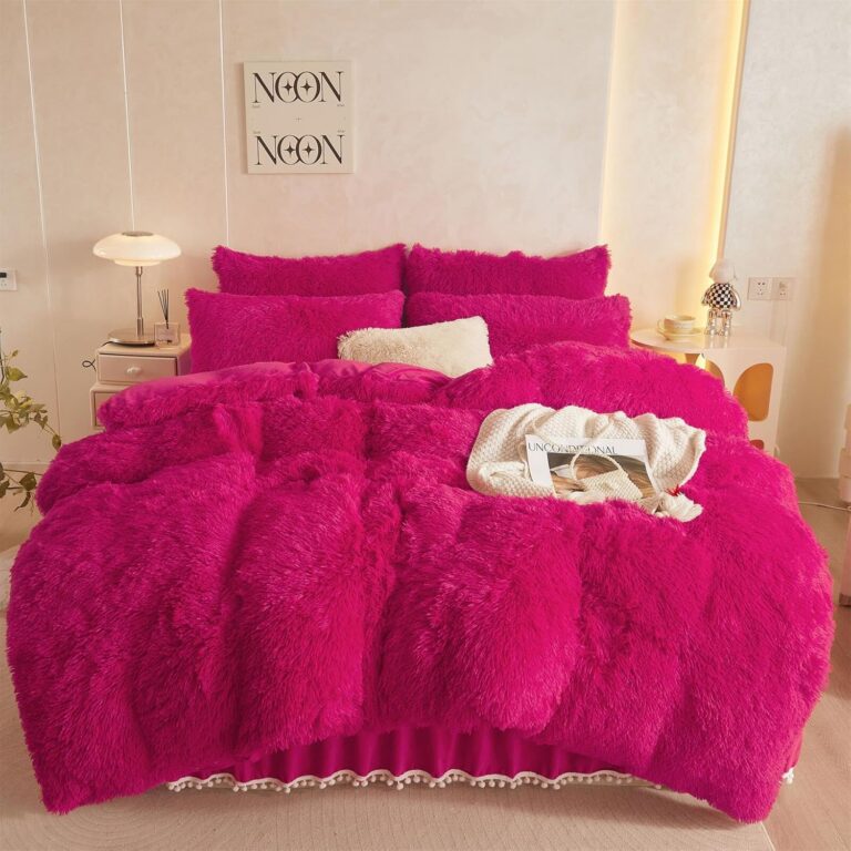 hot pink fluffy faux fur queen duvet cover set with shaggy plush texture and matching pillowcases