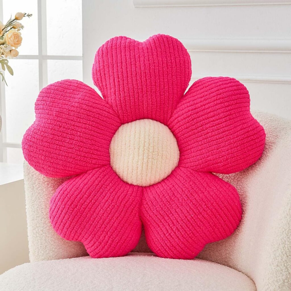 Hot pink flower-shaped plush throw pillow for beds, couches, floor seating, and cute room decor