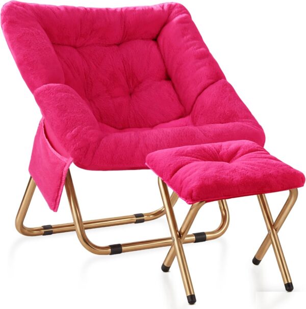 Hot pink faux fur foldable saucer chair with oversized cushioned seating and ottoman for bedrooms and dorm rooms