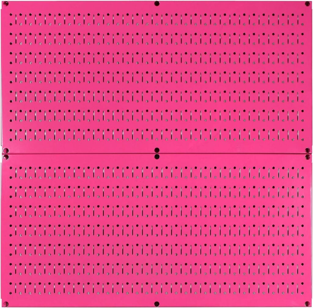 hot pink metal pegboard wall storage system with heavy duty tool organization panels for garage craft room or workspace