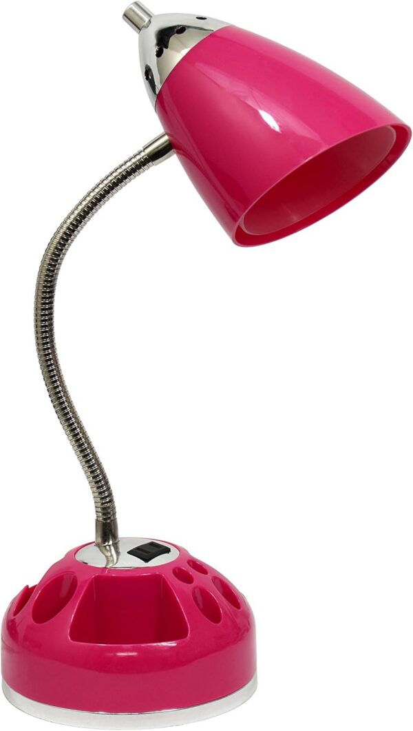 hot pink organizer desk lamp with storage compartments charging outlet and flexible gooseneck for bedroom dorm or office desk