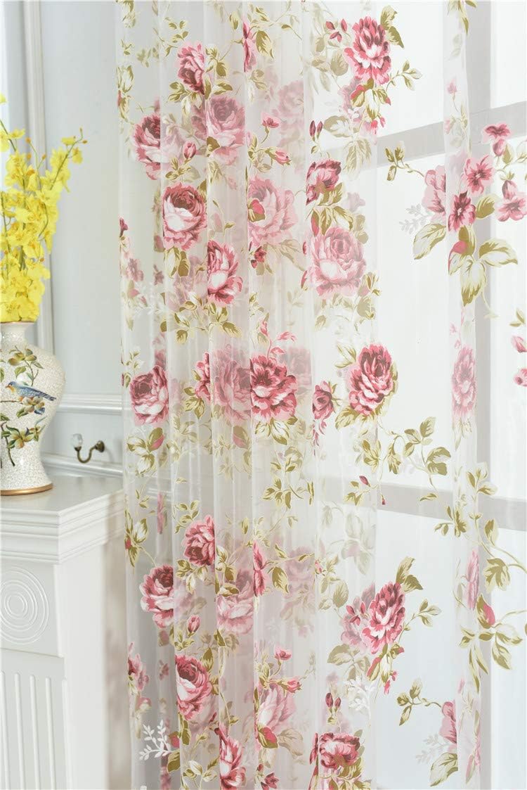Pink rose floral sheer voile curtains with soft transparent fabric for bedroom or living room windows