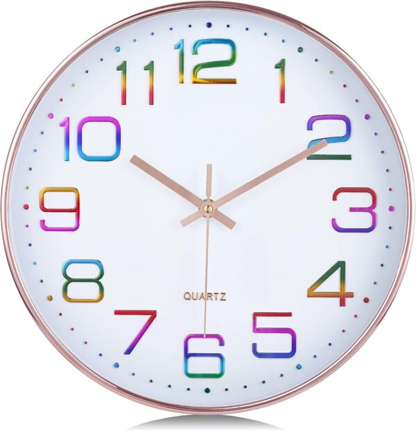 rose gold colorful wall clock with 3D numbers silent analog decorative clock for bedroom kitchen living room