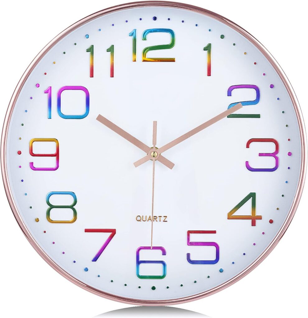 rose gold colorful wall clock with 3D numbers silent analog decorative clock for bedroom kitchen living room