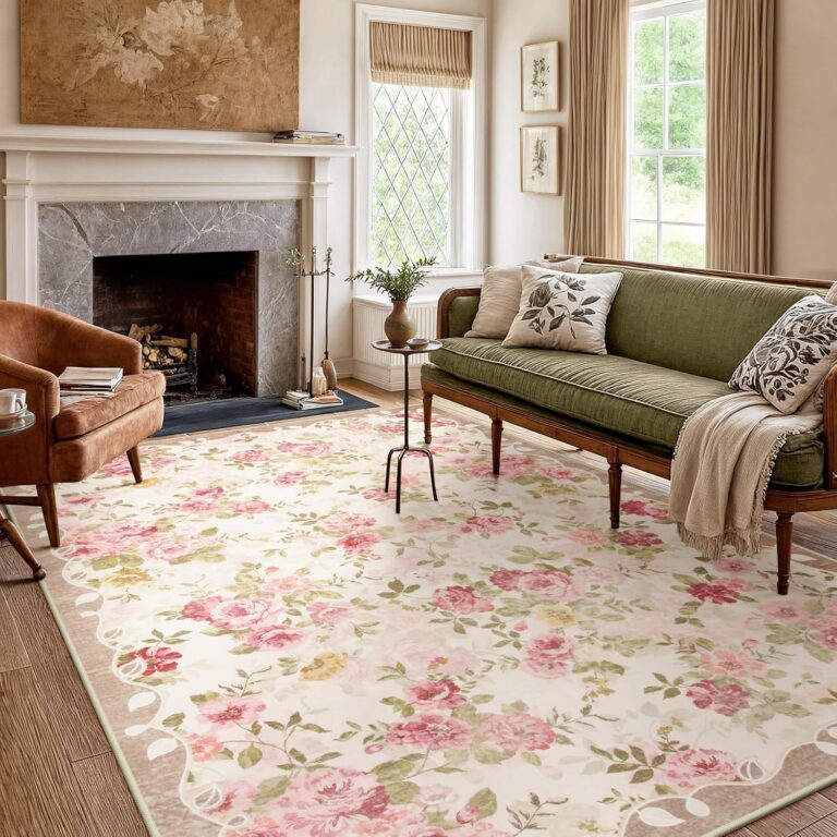 Vintage floral washable area rug with pink and beige tones for living room or bedroom decor