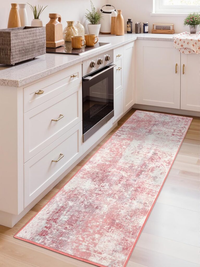 pink abstract washable runner rug with non-slip backing modern soft hallway kitchen bedroom carpet