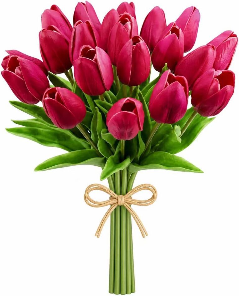 Hot pink artificial tulip bouquet centerpiece with lifelike PU floral stems for dining table and kitchen decor