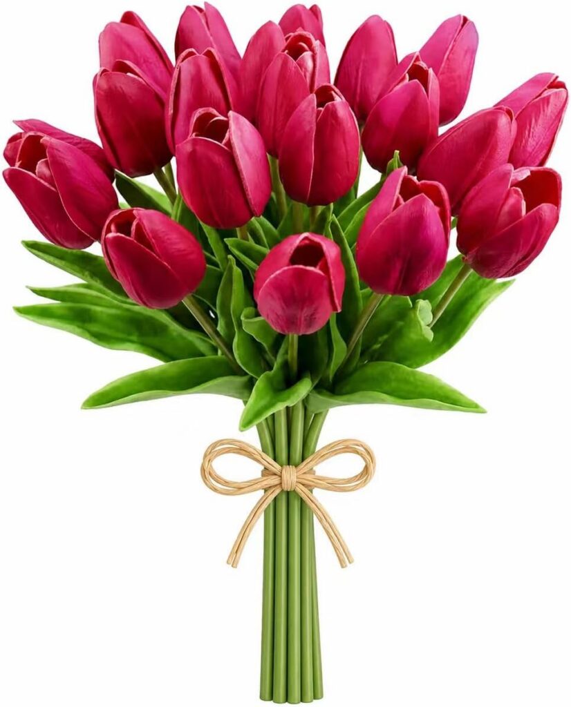 Hot pink artificial tulip bouquet centerpiece with lifelike PU floral stems for dining table and kitchen decor